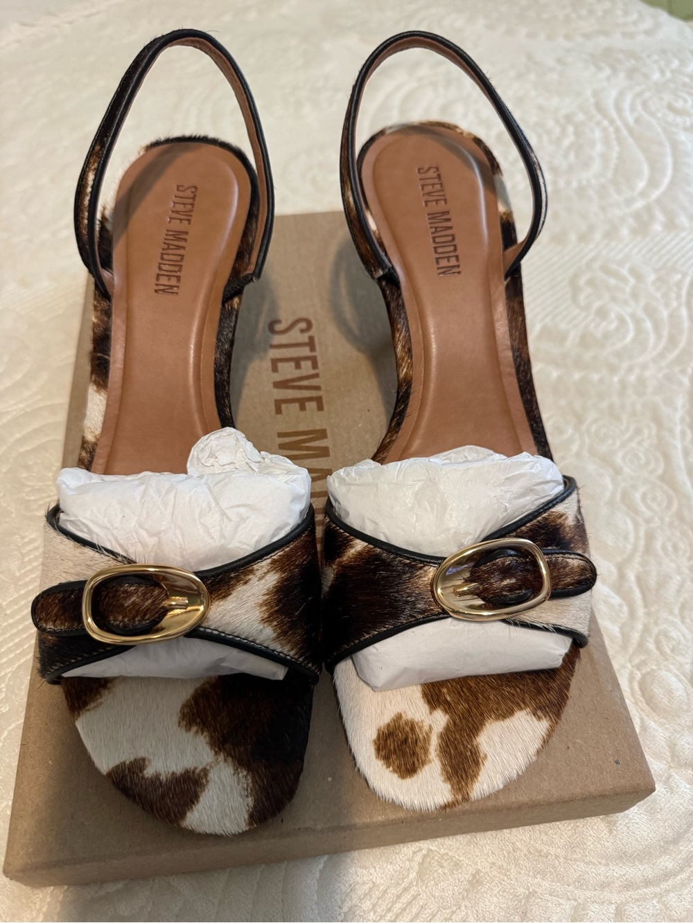 Steve Madden Henrietta-H Cow Print Slingback Kitten Heels with Gold Buckle - Picture 2 of 6